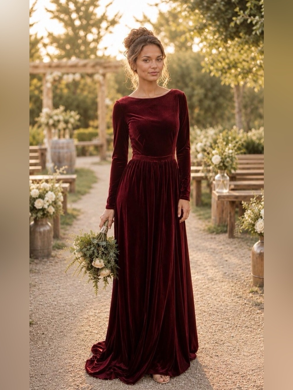 Burgundy Black Velvet Gown Size 8 Deep V Back Long Sleeve NWT Renz